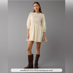 NWT American Eagle Embroidered Puff Sleeve Mini Dress small cream